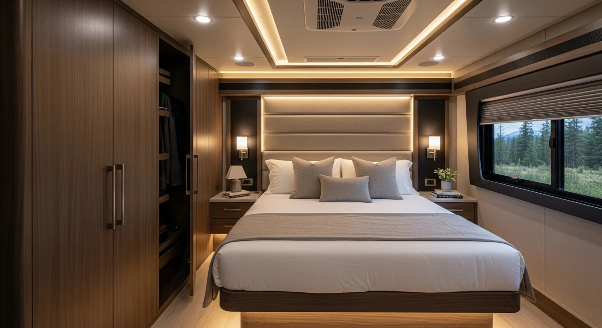 Bedroom Layout Master sleeping area with large bed, wardrobe, and ambient lighting