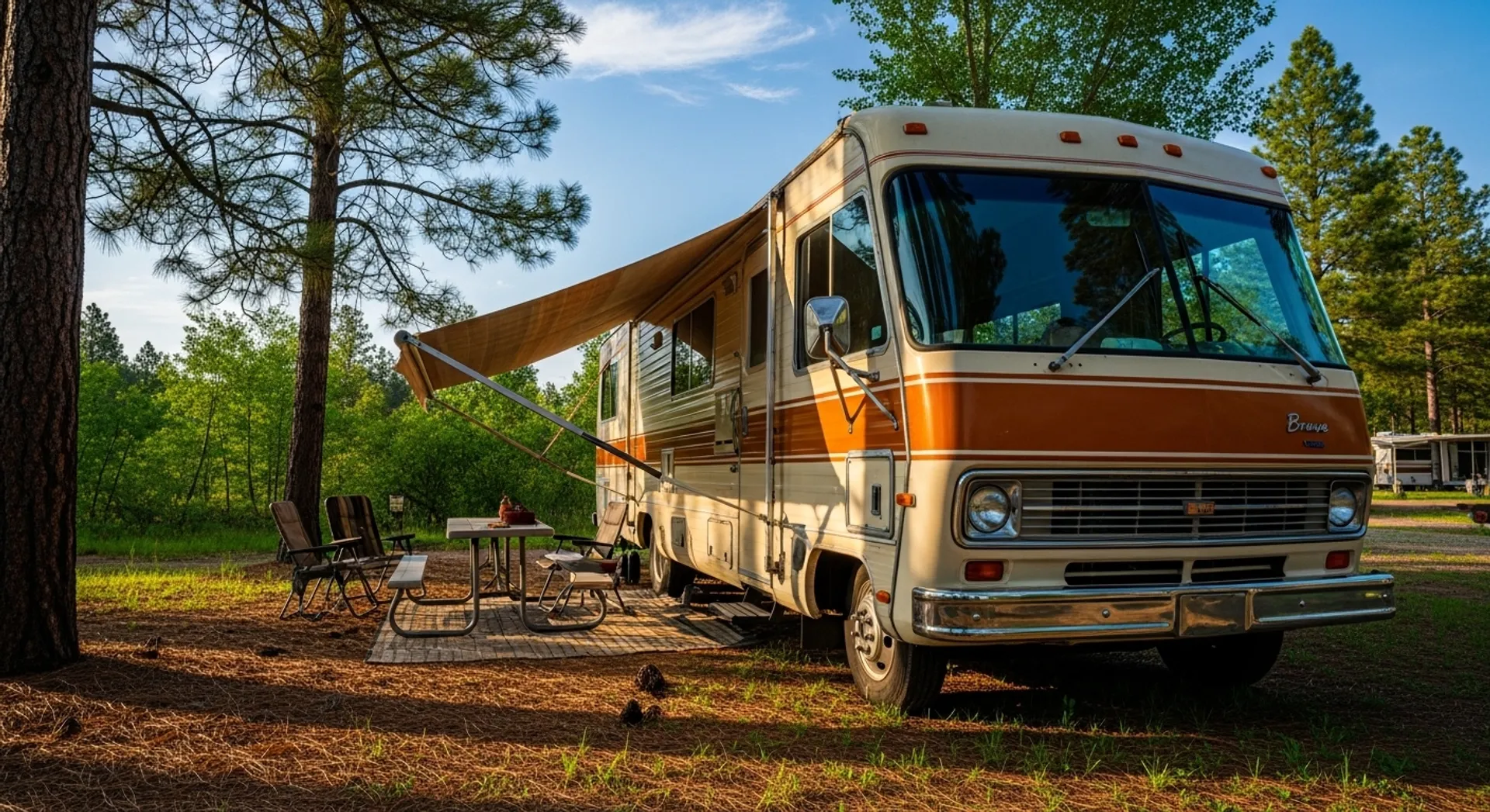 Classic RV parked at a campsite, showing its vintage-style front cab and side storage compartments