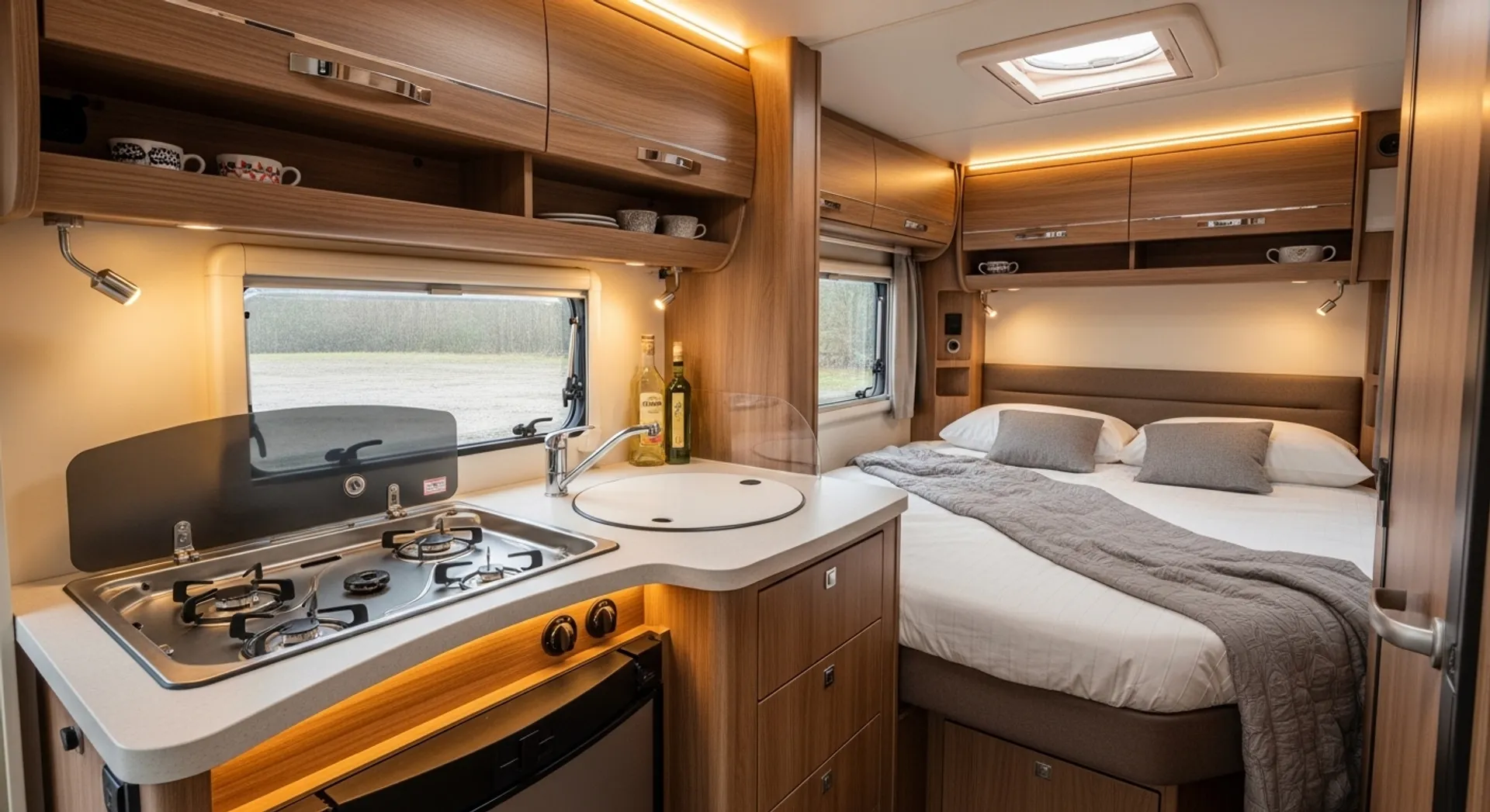Discovery Motorhome Bedroom & Kitchen Rear bedroom with double bed, kitchen with countertop stove, sink, and cabinets