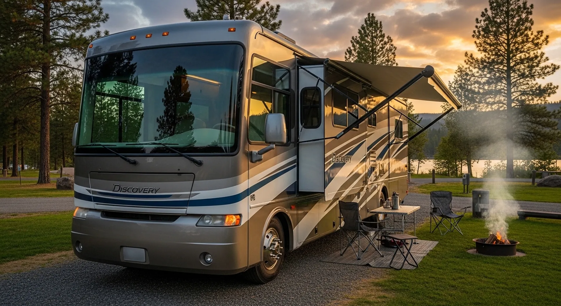 Discovery Motorhome on a campground, showing its Class A size and front windshield layout