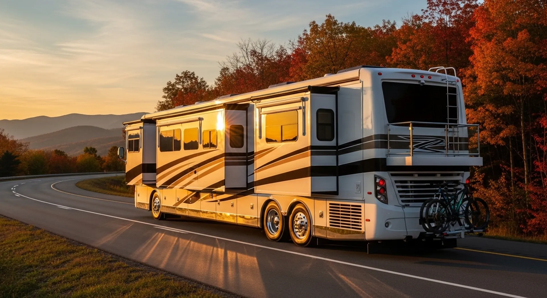 Giant Motorhome on a road trip, showcasing full length, multiple windows, and slide-out sections