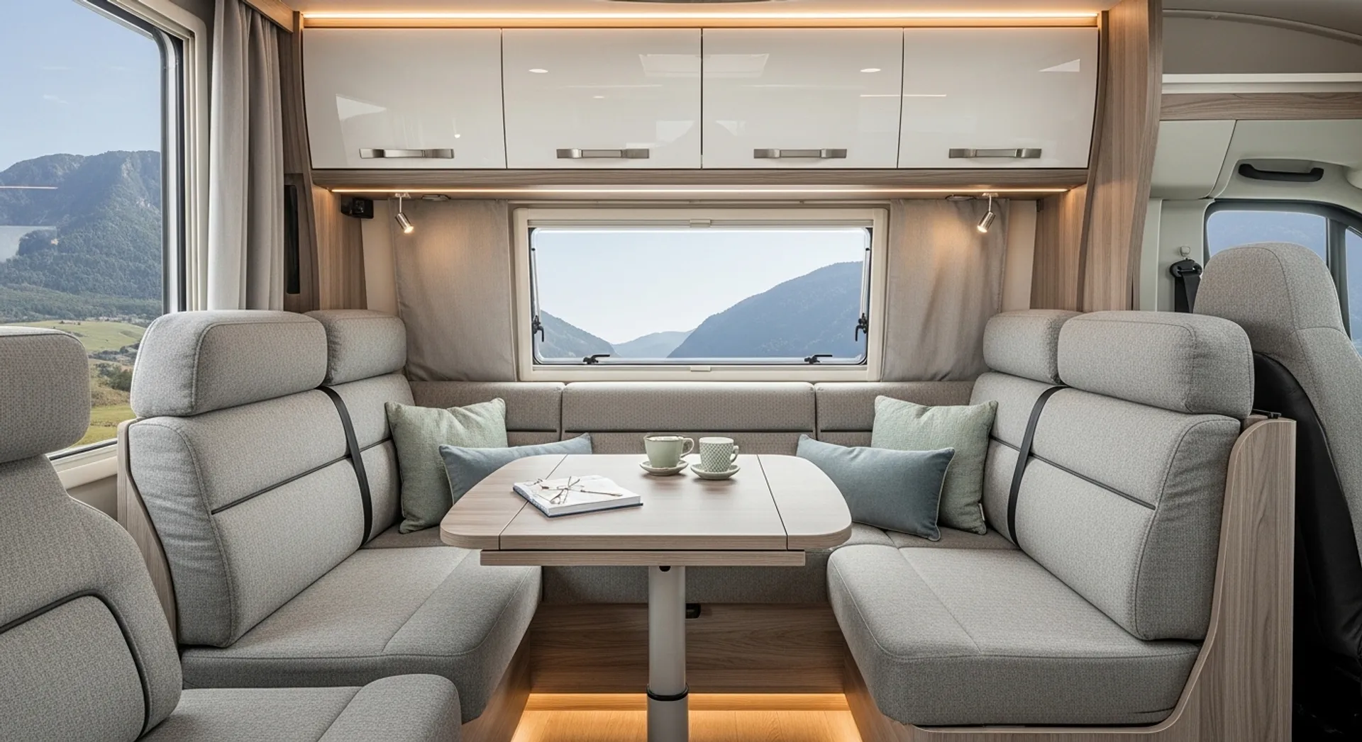 Interior Living Area Open lounge area with sofa seating, foldable table, and overhead storage