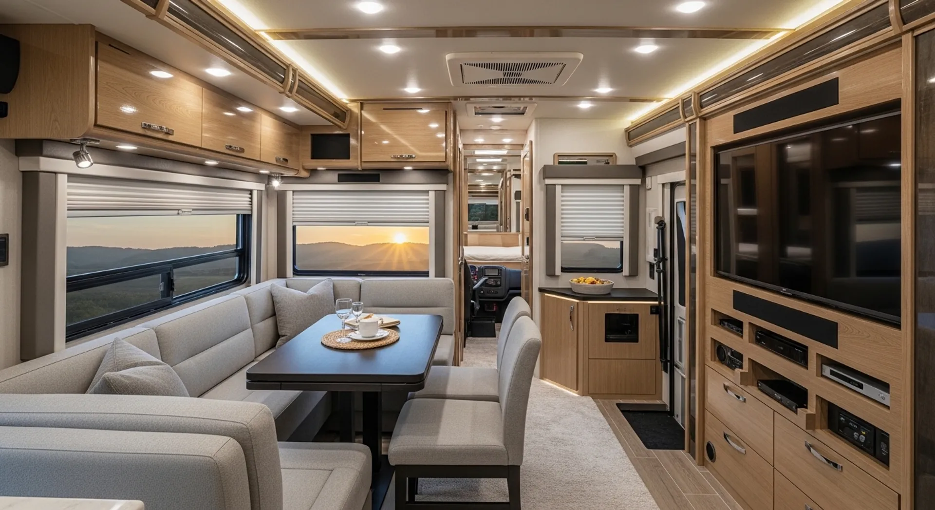 Interior Living Area Spacious lounge with dining table, couch, and built-in entertainment system