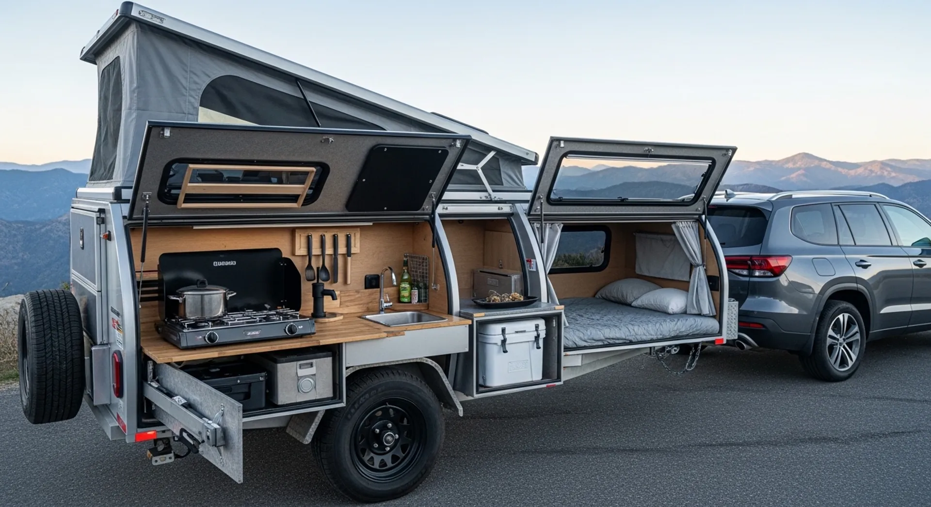 Lightweight trailer camper hitched to a vehicle, showing compact size and pop-out roof if available and 2 different sides for kitchen and bed