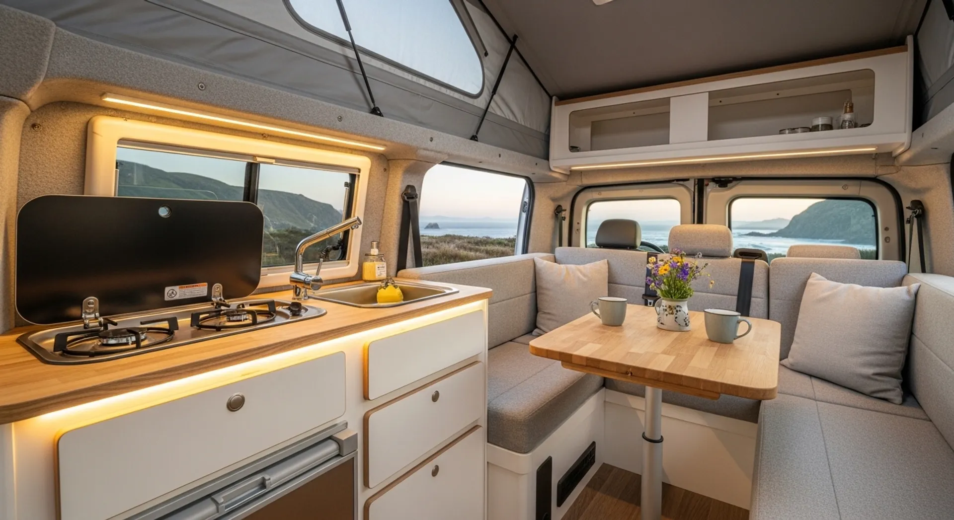 Pop Top Campervan - Kitchen and seating layout at the back of the RV