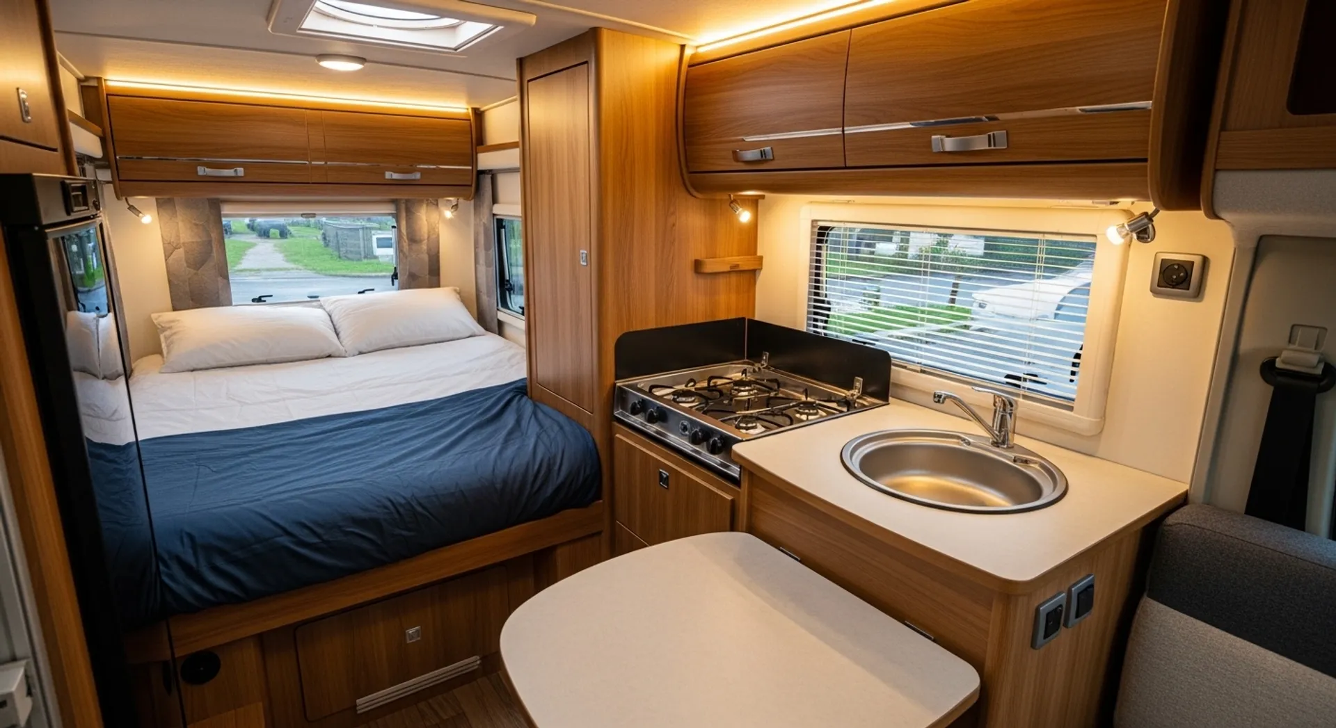 Seeker Motorhome Sleeping & Kitchen Area Double bed in the rear with compact kitchen showing stove, sink, and storage cabinets