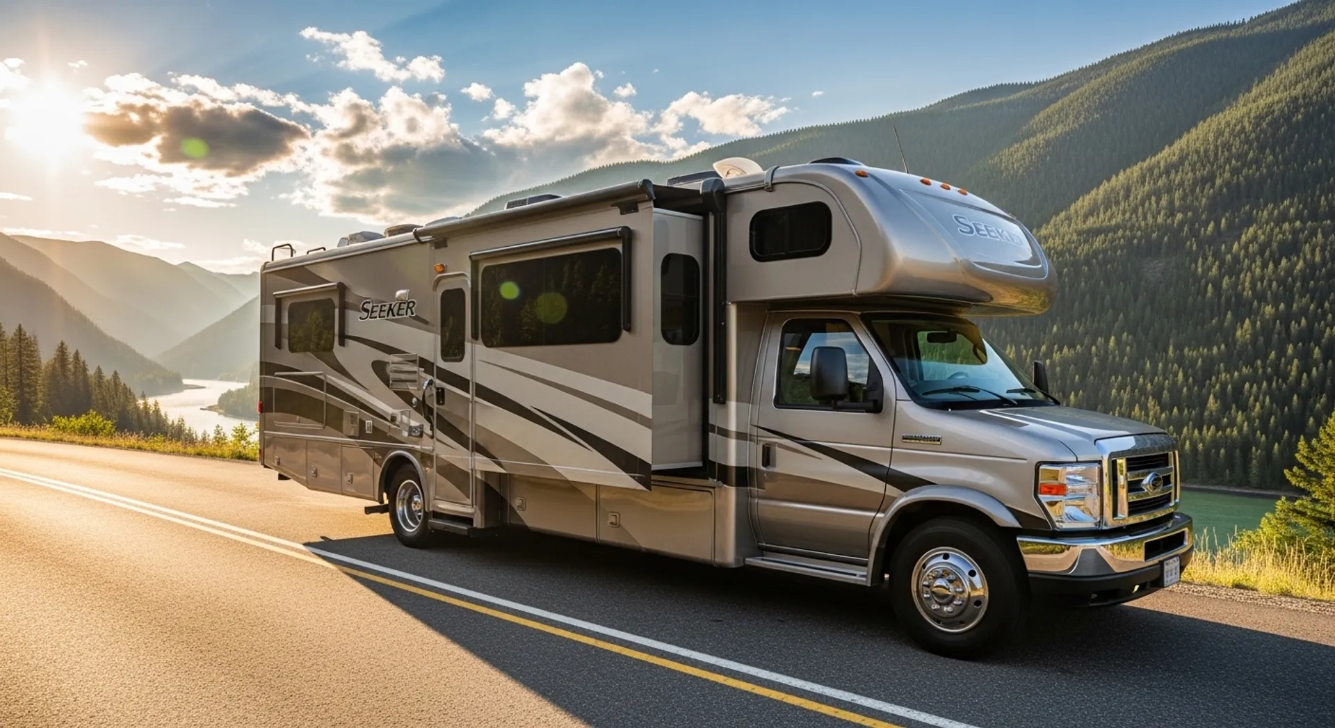 Seeker Motorhome parked on a scenic road, showing the side profile, slide-out section, and cab-over design