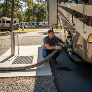RV sewer hose connected to dump station at campground