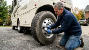 RV tire pressure check before road trip inspection