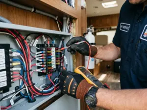 Close up of RV electrical wiring inspection