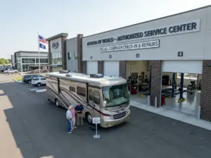 RV parked outside a professional service center