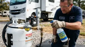 Soapy water propane leak test on RV fittings