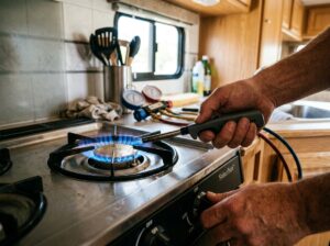 Testing RV stove for clean blue propane flame