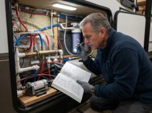 RV owner locating winterization valves
